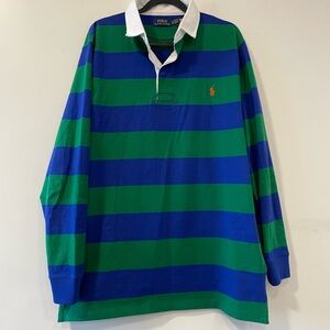 Polo Ralph Lauren Striped Rugby Shirt Mens XT Green Blue Custom Fit